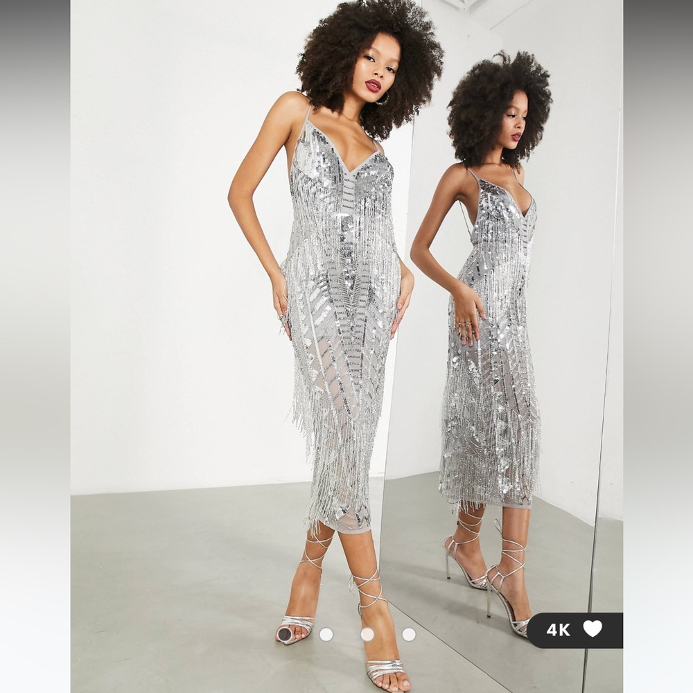 🆕ASOS EDITION Sequin and Fringe Artwork Cami Midi Dress in Silver